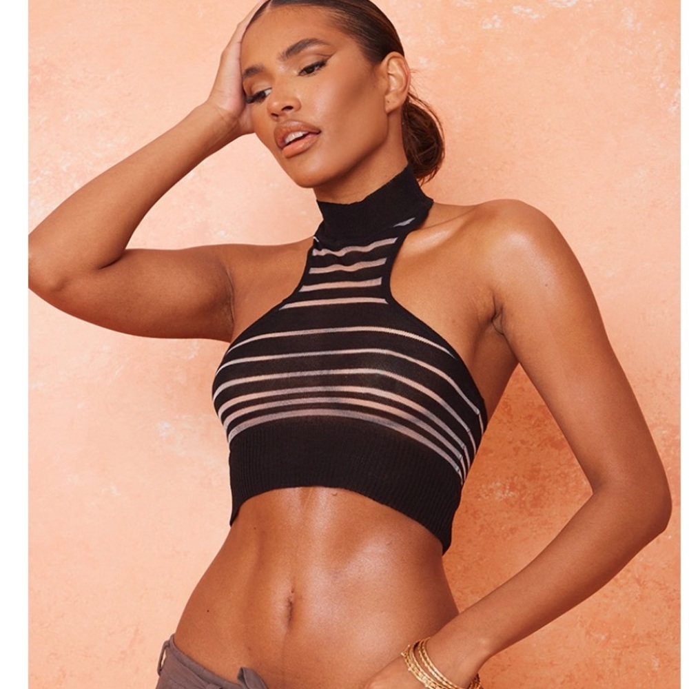 'PRETTYLITTLETHING' Black Stripe Sheer Crop Top